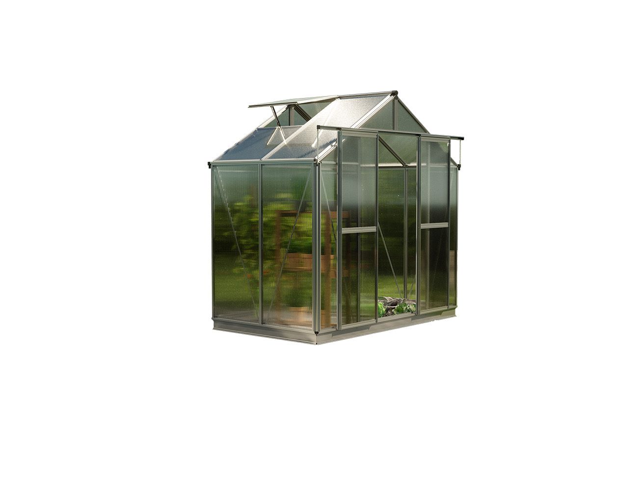Das Bild präsentiert das Gewächshaus Saphir 2 mit 8 mm Stegplatten ohne zusätzliches Setangebot. Das Bild hebt die hochwertigen Materialien und die klare Struktur hervor, ideal für den Gärtner, der eine maßgeschneiderte Lösung sucht.