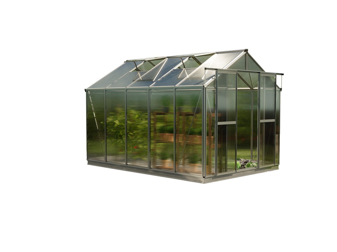 Das Bild zeigt das Gewächshaus Saphir 5 mit 6 mm Stegplatten und dem XL-Aktionsset. Die elegante schwarze Aluminiumstruktur und das großzügige XL-Set bieten eine ideale Umgebung für anspruchsvolle Gärtner.
