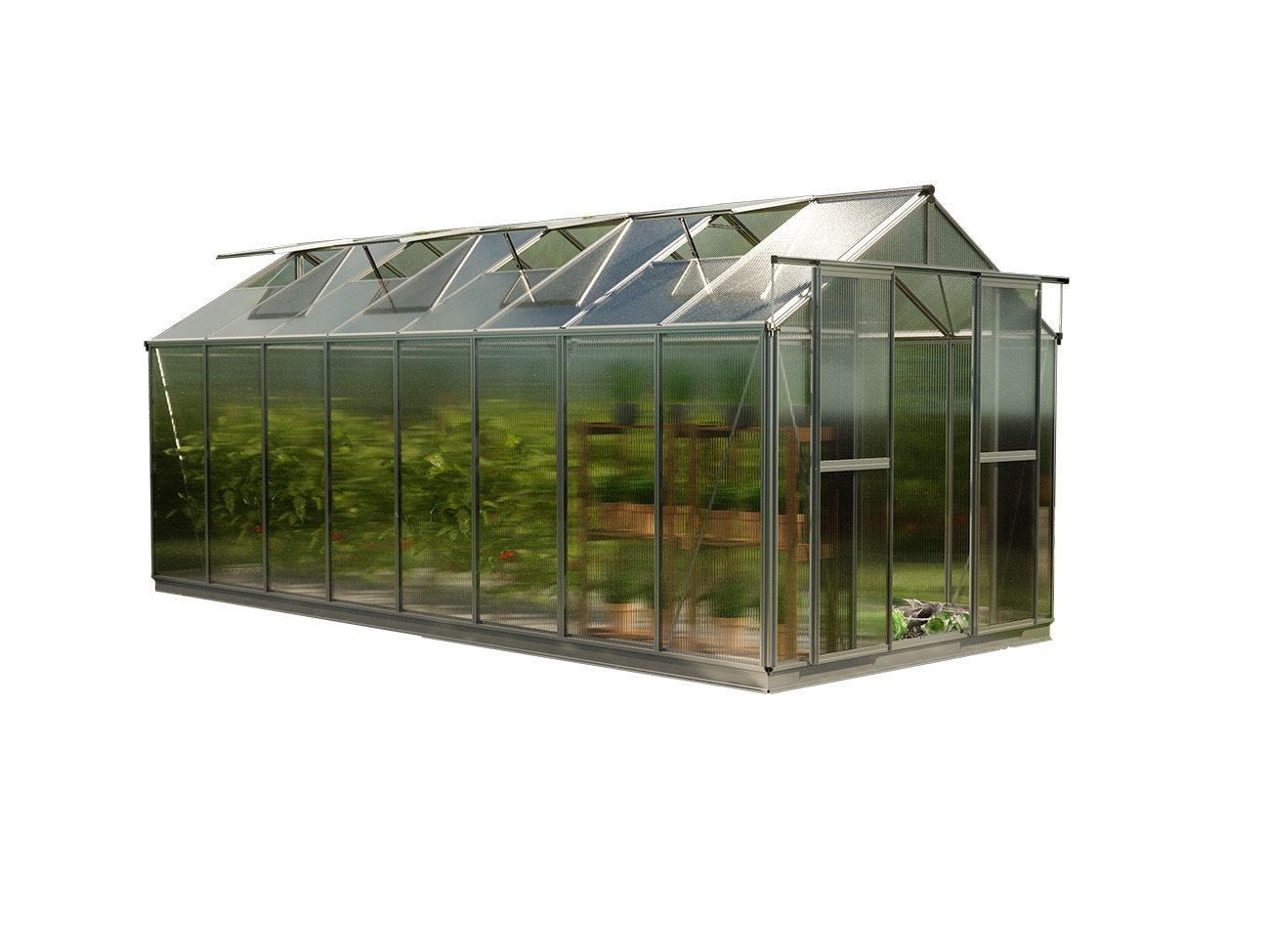Das Bild zeigt das Gewächshaus Saphir 8 mit 8 mm Stegplatten ohne Setangebot. Die hochwertigen Materialien und das klare Design bieten eine solide Basis für individuelle Gestaltung und Anpassung.