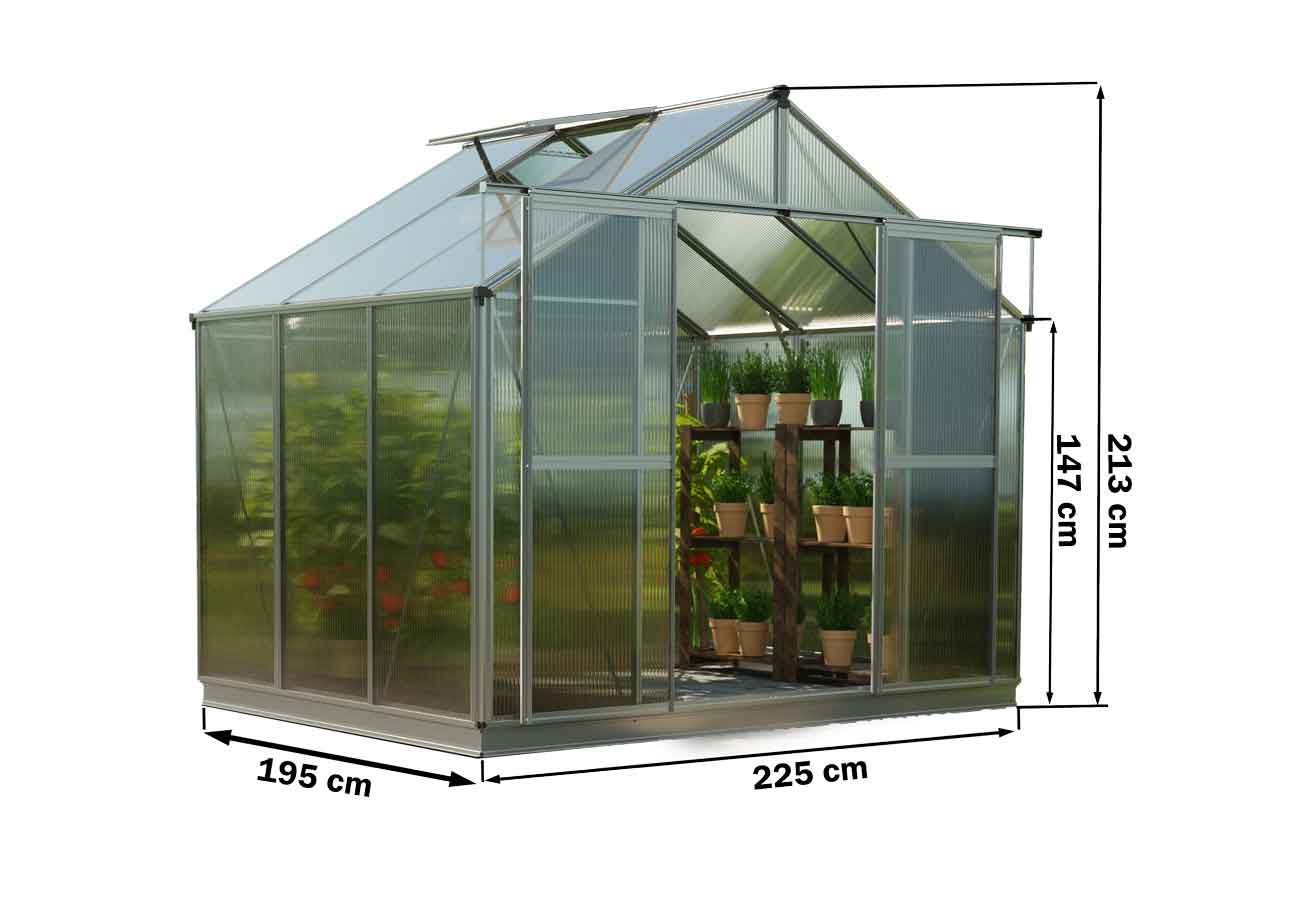 Skizze vom Gewaechshaus Topas 3, Gewaechshaus klein mit Doppeltuer, Gewaechshaus selber bauen mit den angegebenen Abmessungen. Ein Glashaus der GFP-Hobby Serie.