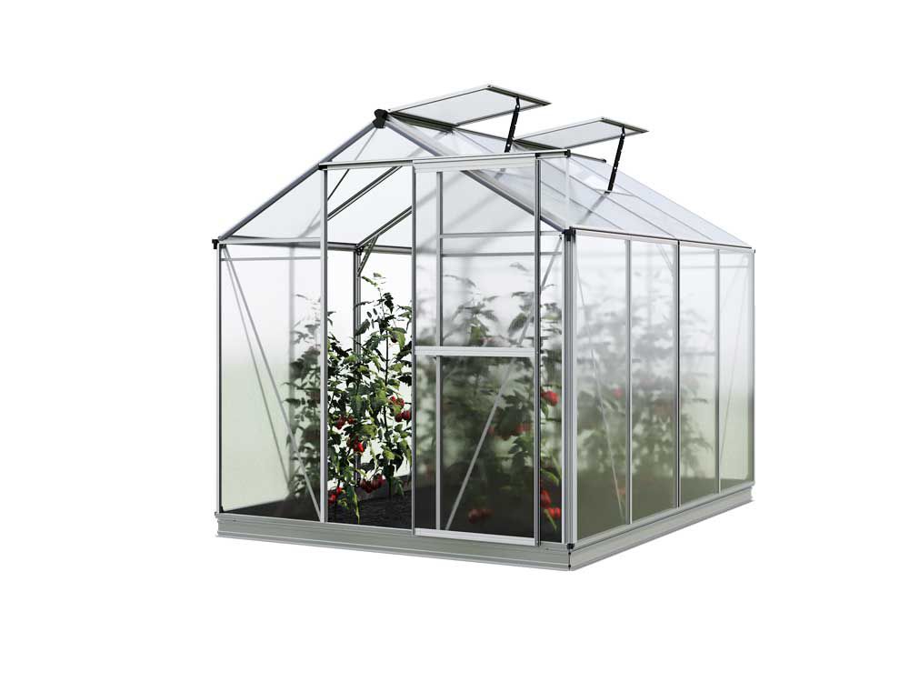 Die vordere Perspektive des Gewaechshauses Jasmin 4 zeigt eine zeitgemäße Struktur und hochwertige Materialien, die eine optimale Pflege der Pflanzen ermöglichen.