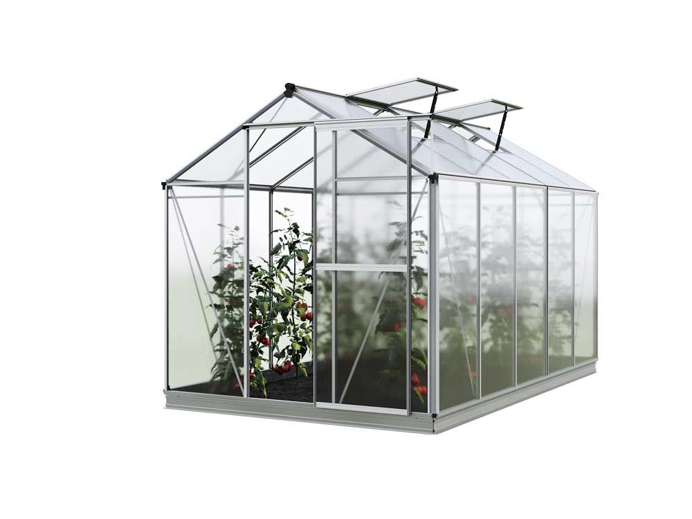 Die Frontansicht des Gewaechshauses Jasmin 5 offenbart eine moderne Struktur und hochwertige Materialien, die eine ideale Pflege der Pflanzen ermöglichen.