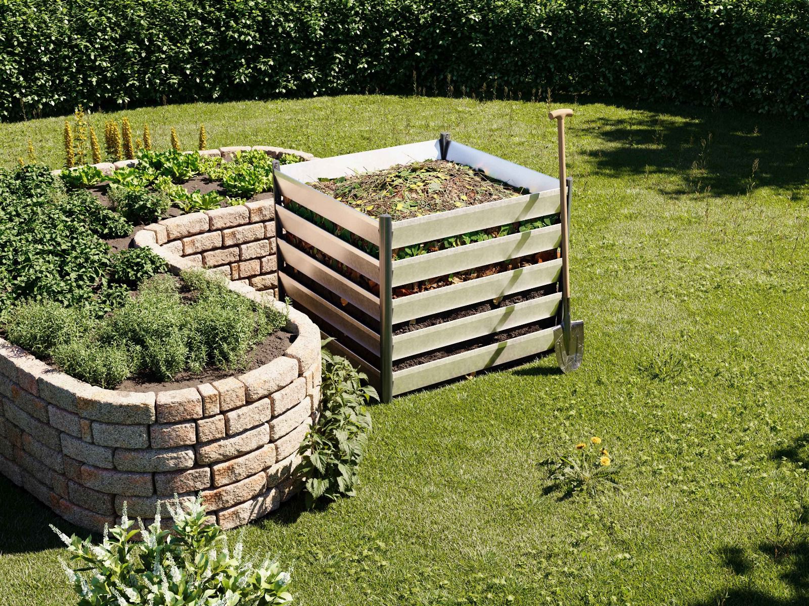 Ein Komposter aus Aluminium Natur, 110x110 cm, langlebig, stabil und die ideale Lösung für eine umweltfreundliche Gartenkompostierung.