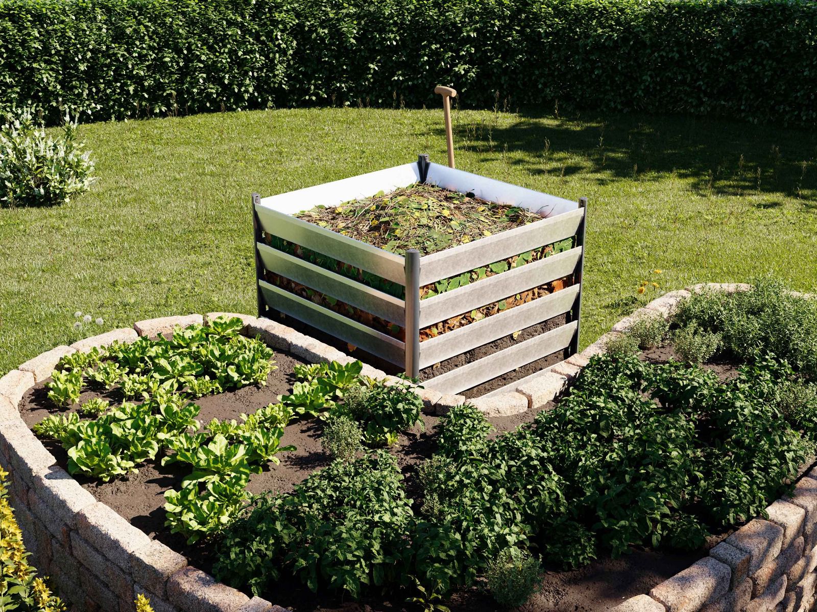 Entdecken Sie den Komposter aus Aluminium Natur, 110x110 cm, langlebig, stabil und perfekt für eine effiziente Gartenkompostierung.