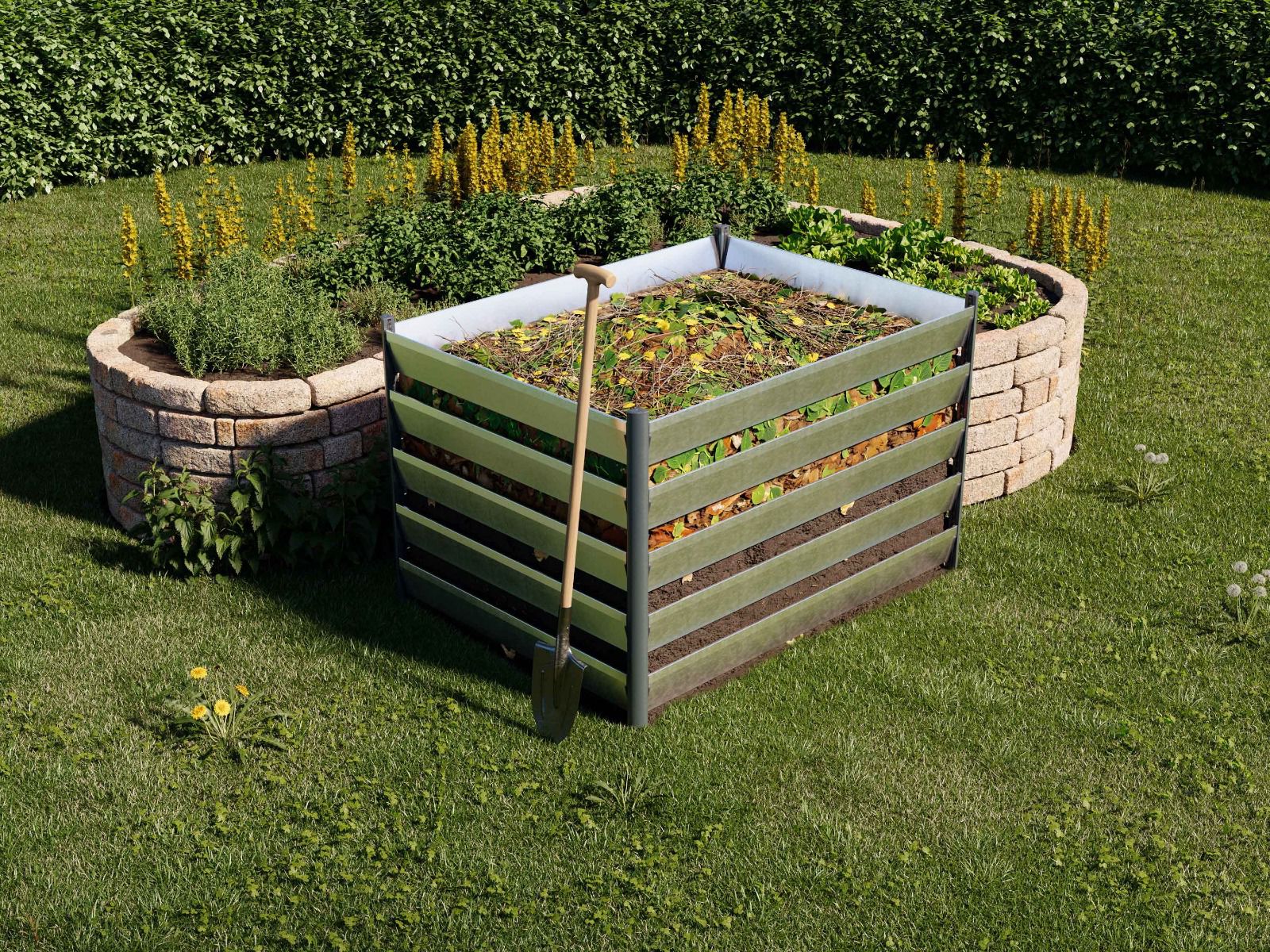 Präsentation des Komposters aus Natur-Aluminium, Abmessungen 150x110 cm, robust, umweltfreundlich und ideal für moderne Gartenpflege.