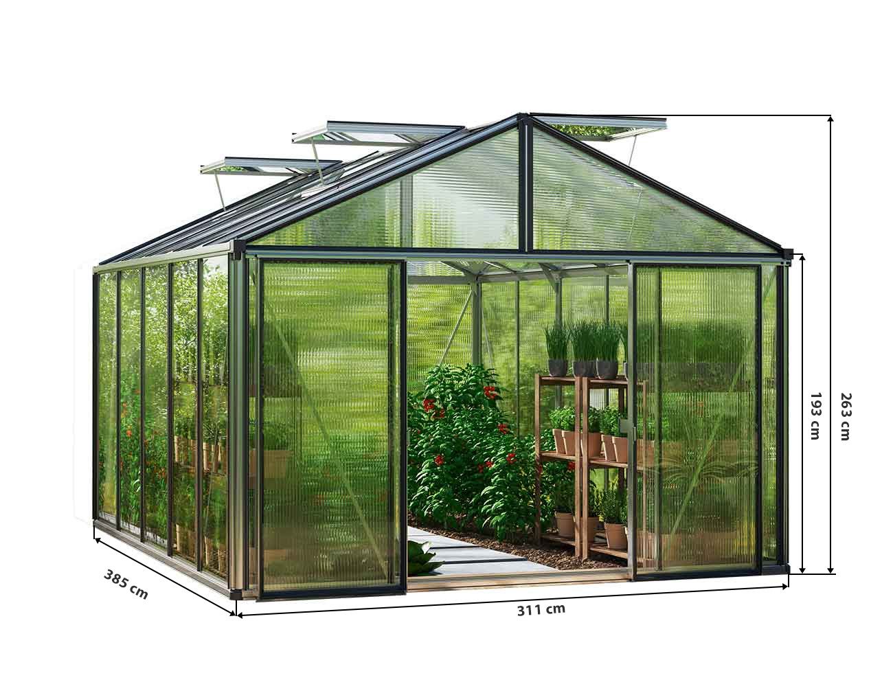 Skizze vom Gewaechshaus ASTERIA 23, Gewaechshaus klein mit Einfachtür, Gewaechshaus selber bauen mit den angegeben Abmessungen. Ein Glashaus der GFP-Profi Serie.