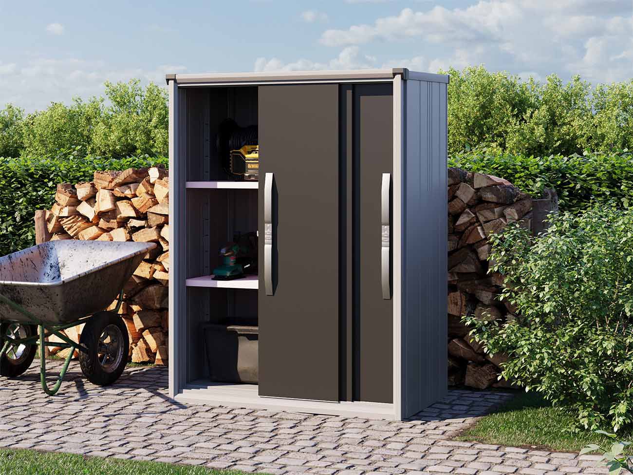 Moderner Geraeteschrank 'Florian_1207' mit offenen Anthrazit Tueren, ideal für Aussenbereich. Grosszuegige Aufbewahrungsflaeche, perfekt für Gartenutensilien und Outdoor-Geraete. Wetterbestaendige Oberflaeche für Langlebigkeit.