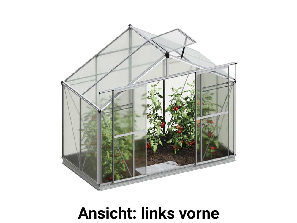 Von der linken Seite betrachtet, frei von anderen Elementen, offenbart das Gewaechshaus Orchidee 2 eine durchdachte Konstruktion und modernes Design, harmonisch in den Garten integriert.