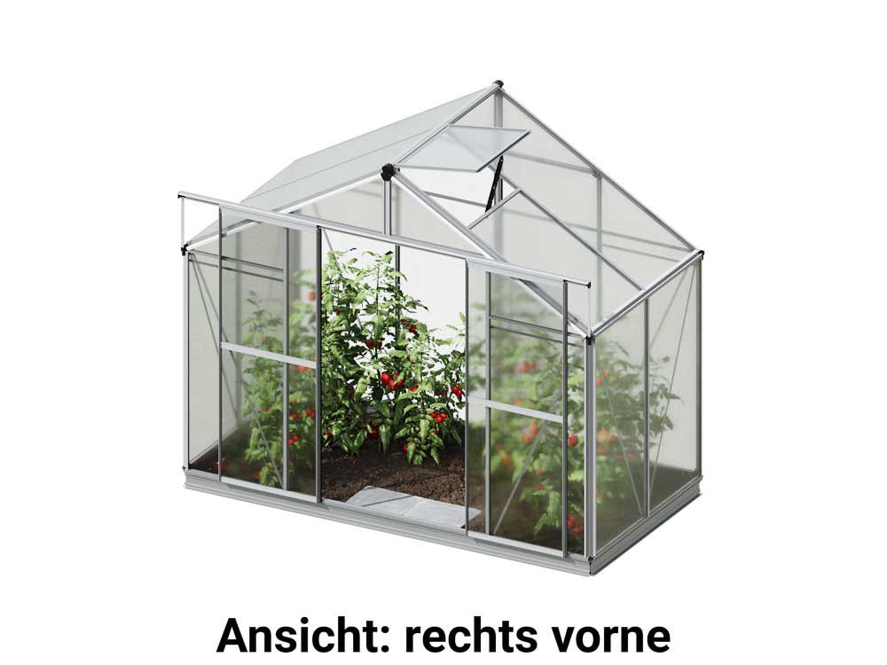 In der freigestellten rechten Vorderansicht, ohne Einflüsse der Umgebung, zeigt sich das Gewaechshaus Orchidee 2 aus einer eleganten Perspektive mit einer hochwertigen Bauweise.