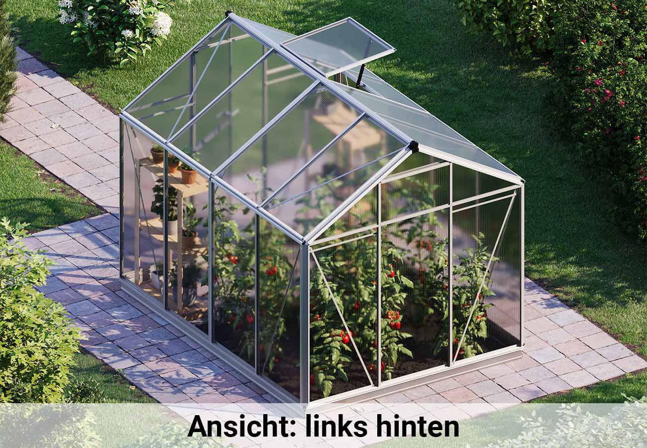 Links hinten betrachtet präsentiert sich das Gewaechshaus Eco-Star 4 mit einer soliden Rückseite und klaren Linien.