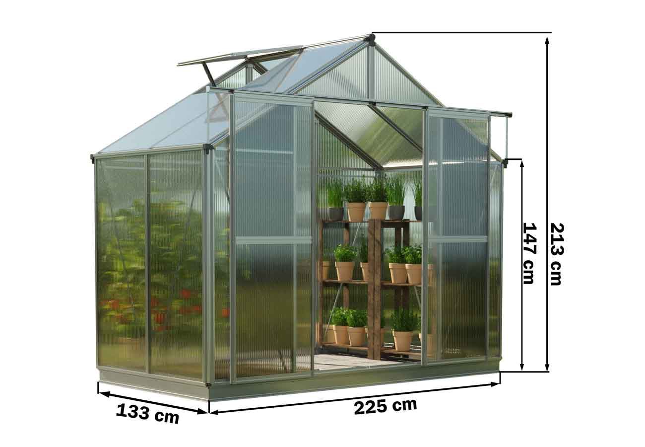 Skizze vom Gewaechshaus Topas 2, Gewaechshaus klein mit Doppeltuer, Gewaechshaus selber bauen mit den angegebenen Abmessungen. Ein Glashaus der GFP-Hobby Serie.