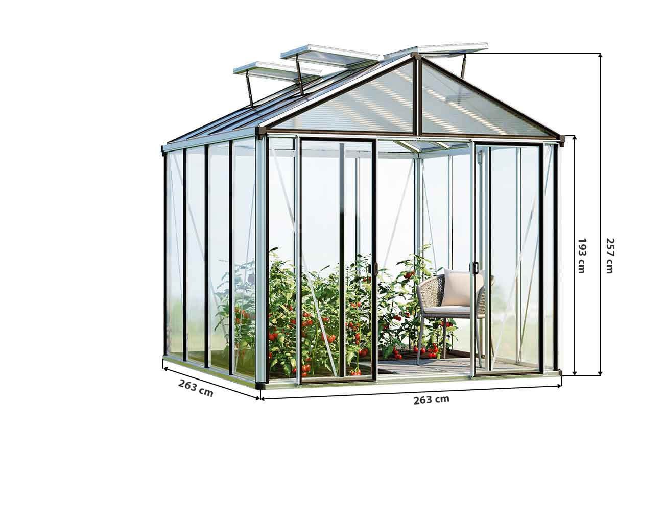 Skizze vom Gewaechshaus HERA 4, Gewaechshaus klein mit Einfachtür, Gewaechshaus selber bauen mit den angegeben Abmessungen. Ein Glashaus der GFP-Profi Serie.