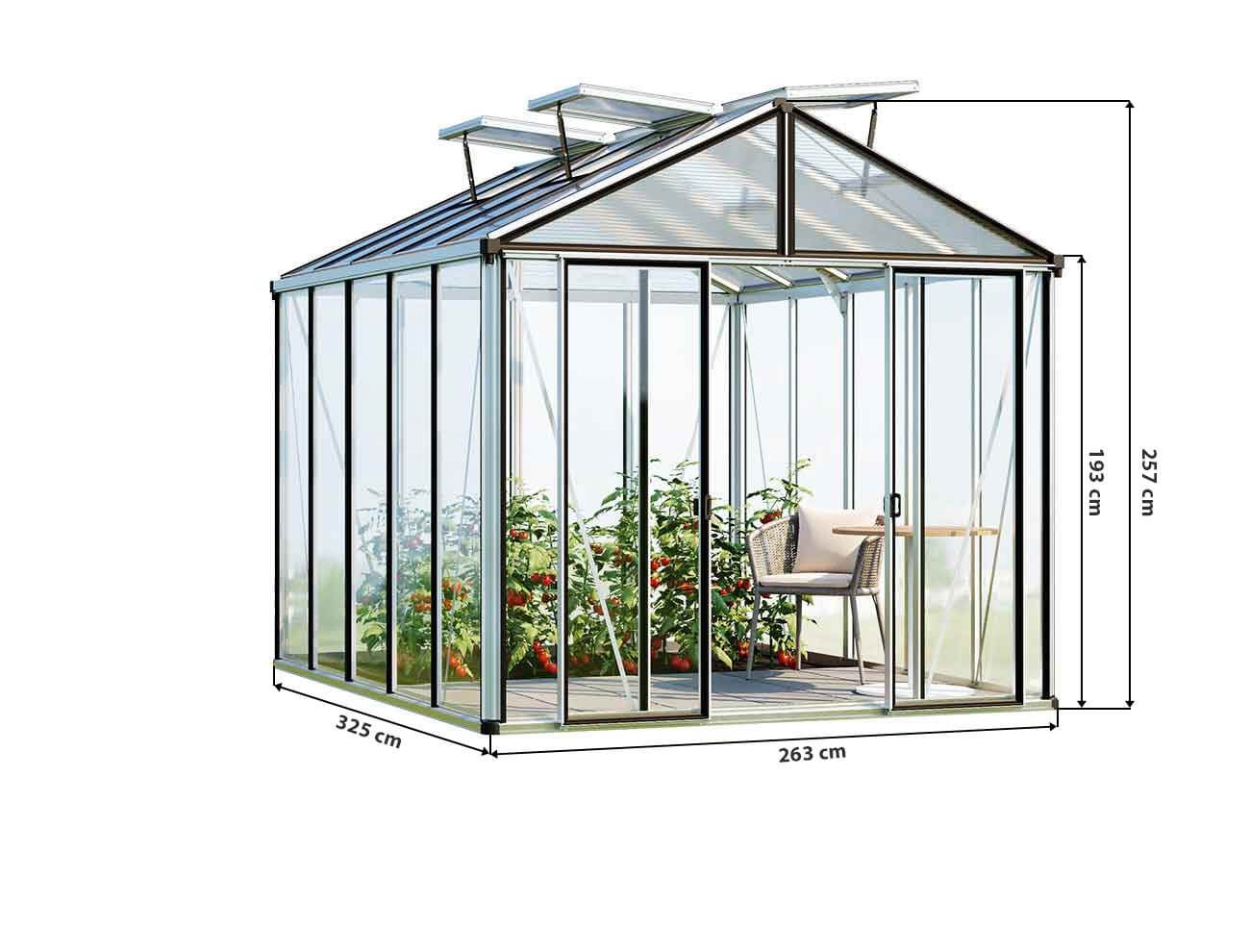 Skizze vom Gewaechshaus HERA 5, Gewaechshaus klein mit Einfachtür, Gewaechshaus selber bauen mit den angegeben Abmessungen. Ein Glashaus der GFP-Profi Serie.