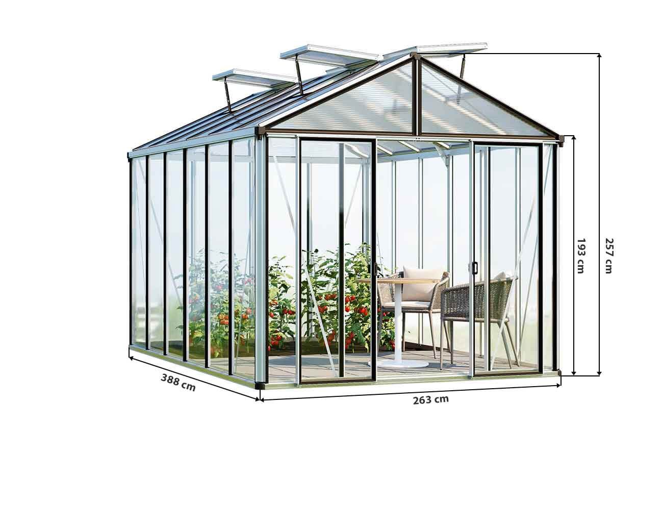 Skizze vom Gewaechshaus HERA 6, Gewaechshaus klein mit Einfachtür, Gewaechshaus selber bauen mit den angegeben Abmessungen. Ein Glashaus der GFP-Profi Serie.