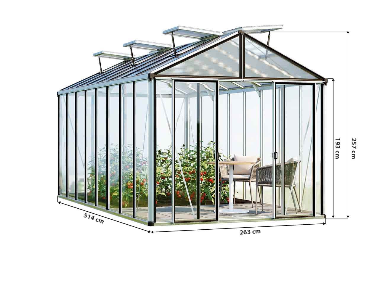 Skizze vom Gewaechshaus HERA 8, Gewaechshaus klein mit Einfachtür, Gewaechshaus selber bauen mit den angegeben Abmessungen. Ein Glashaus der GFP-Profi Serie.