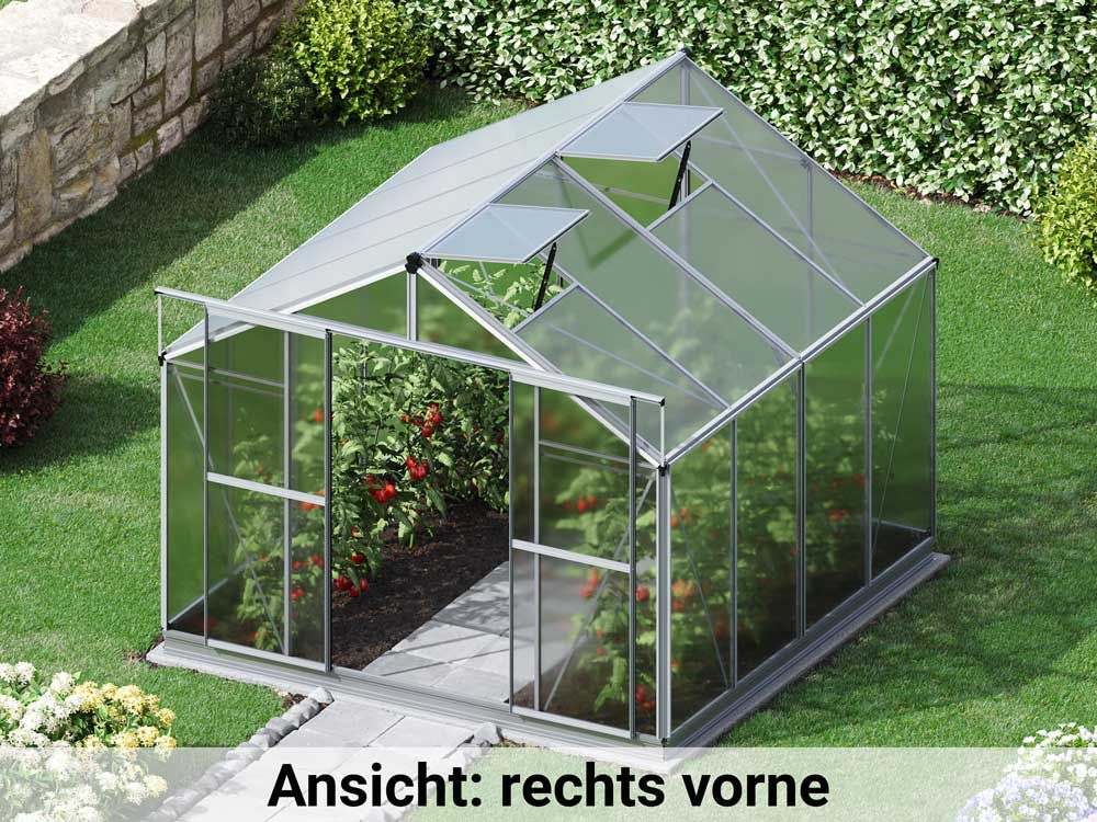 In der rechten Vorderansicht präsentiert sich das Gewaechshaus Orchidee 4 aus einer eleganten Perspektive und zeichnet sich durch eine hochwertige Bauweise aus.