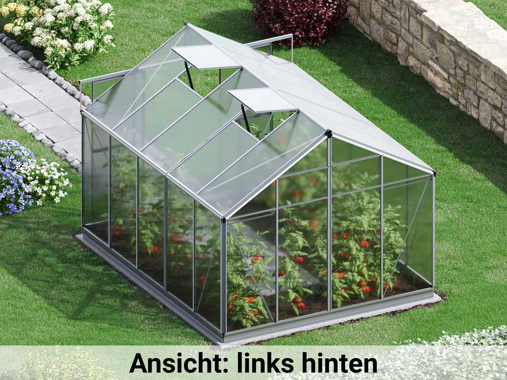 Die linke hintere Ansicht präsentiert das Gewaechshaus Orchidee 5 mit einer stabilen Rückseite und klaren Linien.