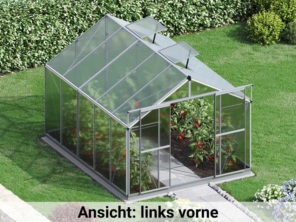 Von der linken Seite betrachtet enthüllt das Gewaechshaus Orchidee 5 eine durchdachte Konstruktion und ein modernes Design, harmonisch in den Garten integriert.