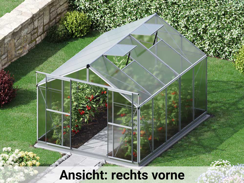 In der rechten Vorderansicht präsentiert sich das Gewaechshaus Orchidee 5 aus einer eleganten Perspektive und zeichnet sich durch eine hochwertige Bauweise aus.