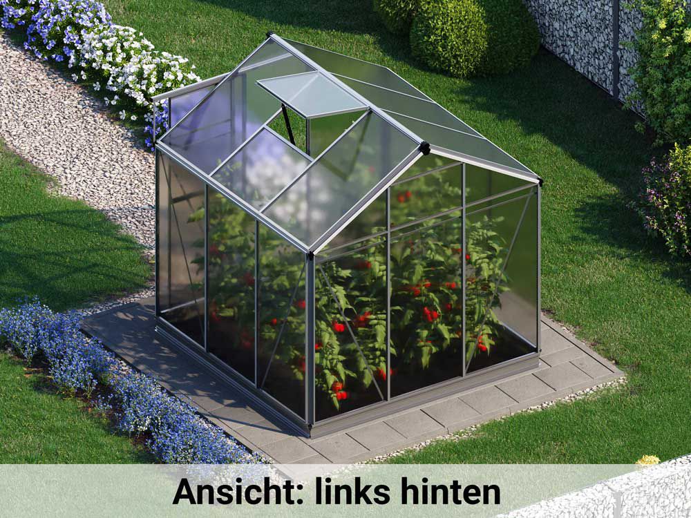 Die linke hintere Ansicht präsentiert das Gewaechshaus Jasmin 3 mit einer robusten Rückseite und klaren Linien.