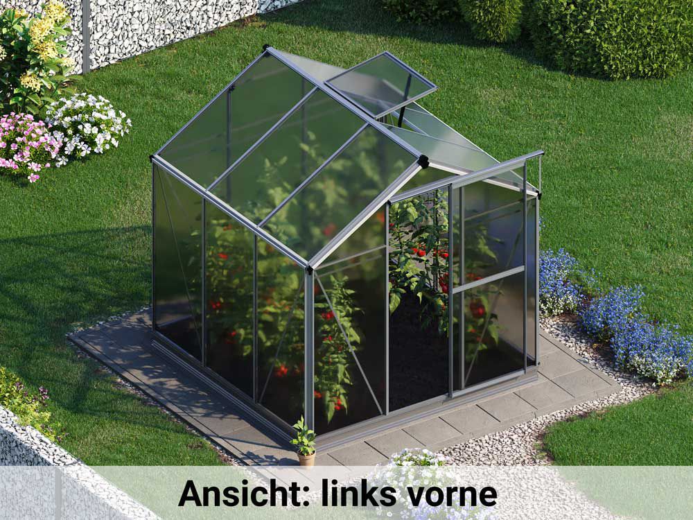 Von der linken Seite betrachtet offenbart das Gewaechshaus Jasmin 3 eine durchdachte Konstruktion und modernes Design, harmonisch integriert in den Garten.