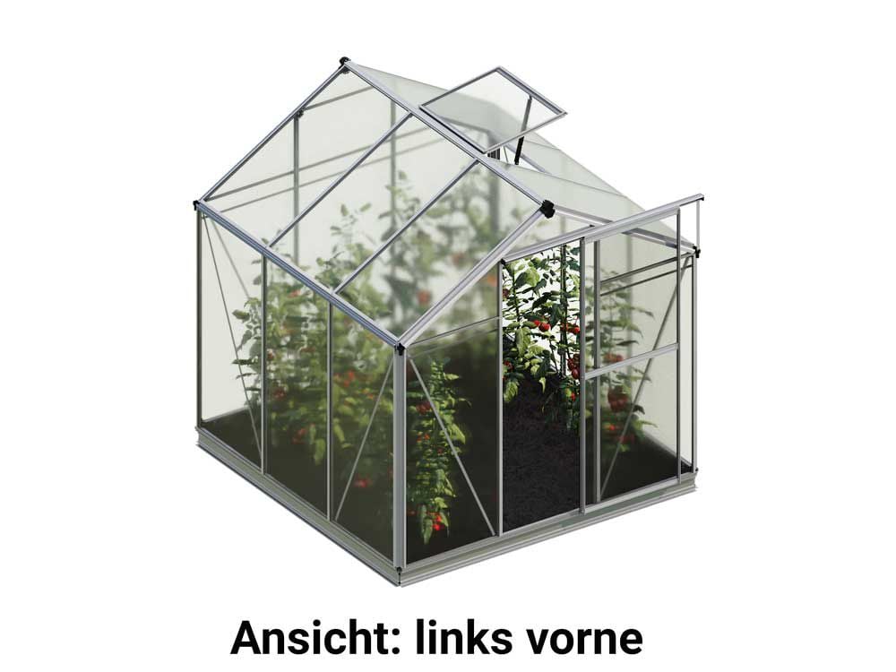 Von der linken Seite betrachtet, freigestellt von anderen Elementen, offenbart das Gewaechshaus Jasmin 3 eine durchdachte Konstruktion und modernes Design, harmonisch integriert in den Garten.