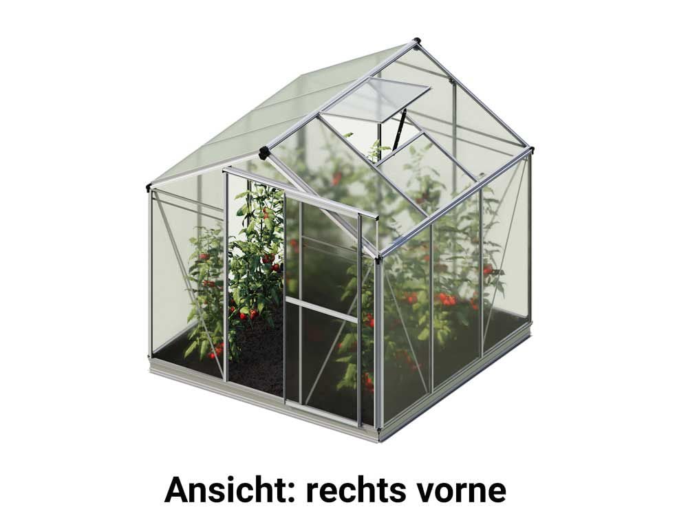 In der rechten Vorderansicht, freigestellt von Umgebungseinflüssen, präsentiert sich das Gewaechshaus Jasmin 3 aus einer eleganten Perspektive, gekennzeichnet durch eine hochwertige Bauweise.