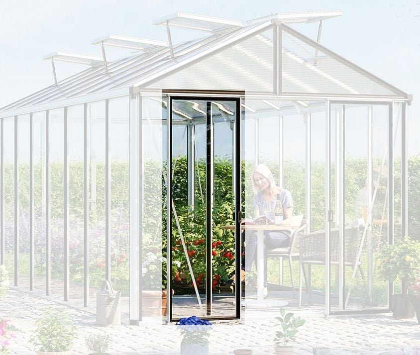 Zusätzliche Einfachtür für Gewächshaus Hera, der Einbau der zusätzlichen Tür ist sowohl in der Seitenwand, wie auch der Rückwand
möglich!