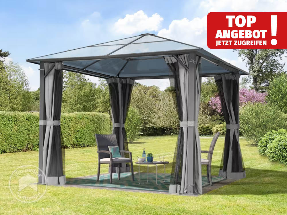 Gartenpavillon 300x300 cm in Anthrazit – eine hochwertige Überdachung für Ihren Außenbereich mit robustem, wasserabweisendem Stoffdach. Gartenpavillon 300x300 cm in Anthrazit – eine hochwertige Überdachung für Ihren Außenbereich mit robustem, wasserabweisendem Stoffdach.