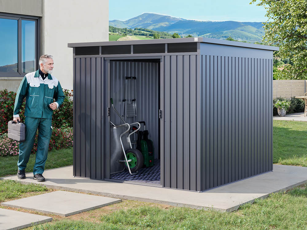 Metallgerätehaus 220 x 220 cm, Türhöhe: 175 cm, stabil, wetterfest, hochwertiges Metall-Gartenhaus für die sichere Aufbewahrung von Gartengeräten, Fahrrädern & mehr. Robuster Geräteschuppen mit langlebiger Stahlkonstruktion!