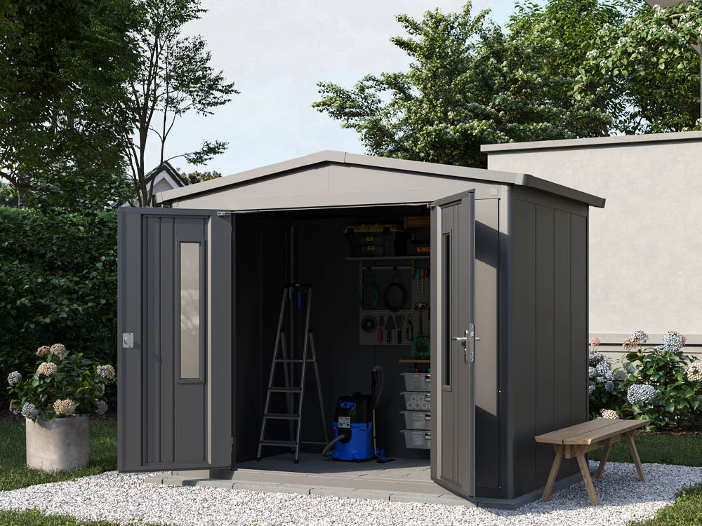 Metallgerätehaus 249x187 cm, Türhöhe: 184 cm, Dachlast: 200 kg/m², stabil, wetterfest, hochwertiges Metall-Gartenhaus für die sichere Aufbewahrung von Gartengeräten, Fahrrädern & mehr. Robuster Geräteschuppen mit langlebiger Stahlkonstruktion!