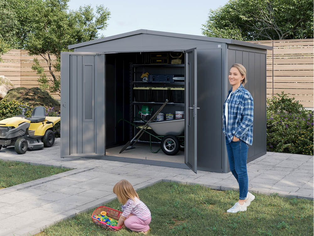 Metallgerätehaus 312x235 cm, Türhöhe: 184 cm, Dachlast: 200 kg/m², stabil, wetterfest, hochwertiges Metall-Gartenhaus für die sichere Aufbewahrung von Gartengeräten, Fahrrädern & mehr. Robuster Geräteschuppen mit langlebiger Stahlkonstruktion!