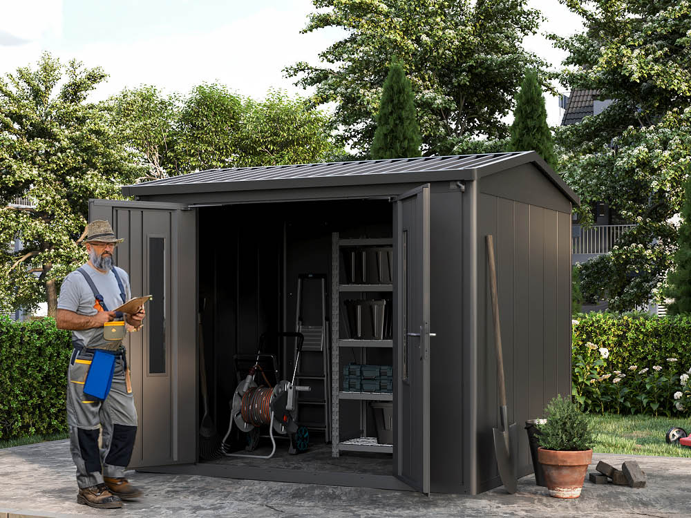 Metallgerätehaus 270x248 cm, Türhöhe: 184 cm, Dachlast: 200 kg/m², stabil, wetterfest, hochwertiges Metall-Gartenhaus für die sichere Aufbewahrung von Gartengeräten, Fahrrädern & mehr. Robuster Geräteschuppen mit langlebiger Stahlkonstruktion!