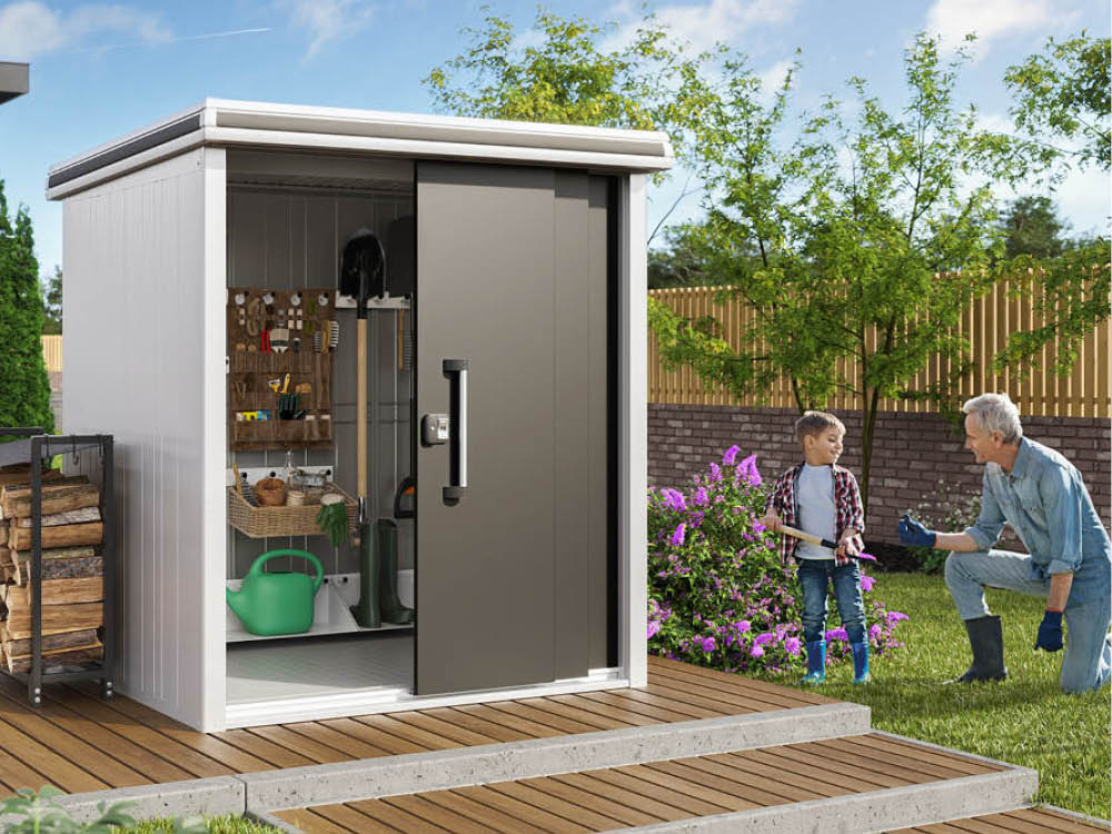 Metallgerätehaus 187x152cm, Türhöhe: 190 cm, 300 kg/m2 Dachbelastbarkeit, Gartenhaus Metall, Geräteschuppen, Gartenschrank, Gerätehaus Metall