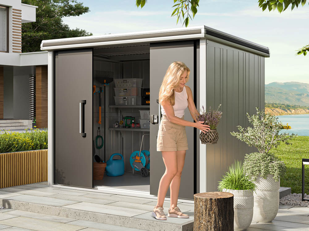 Metallgerätehaus 256x186cm, Türhöhe: 190 cm, 300 kg/m2 Dachbelastbarkeit, Gartenhaus Metall, Geräteschuppen, Gartenschrank, Gerätehaus Metall