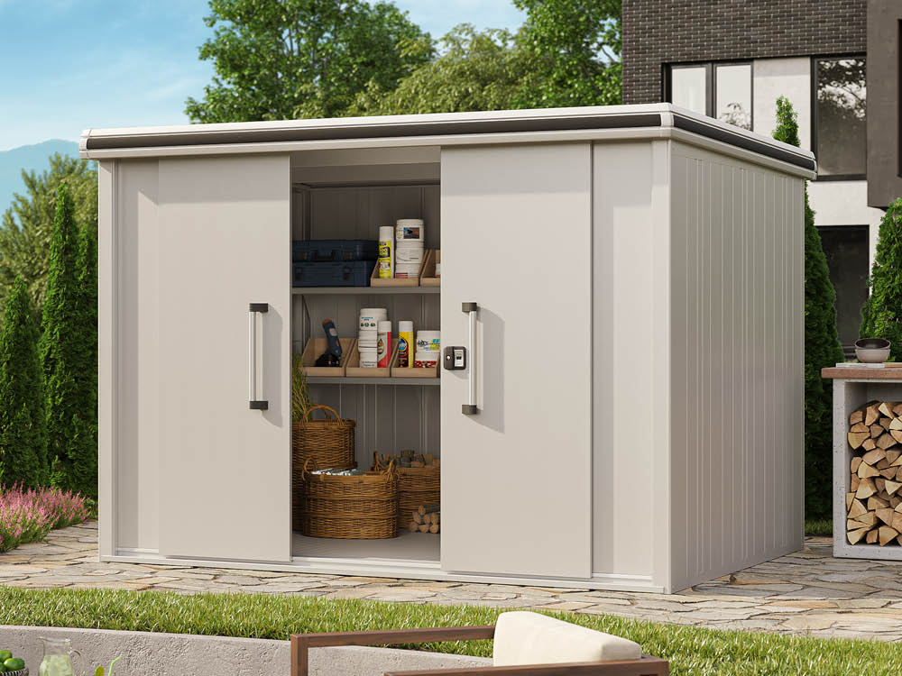 Metallgerätehaus 291x221cm, Türhöhe: 190 cm, 300 kg/m2 Dachbelastbarkeit, Gartenhaus Metall, Geräteschuppen, Gartenschrank, Gerätehaus Metall