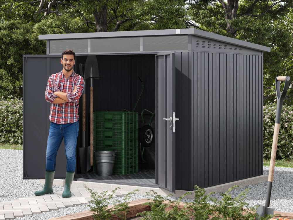 Metallgerätehaus 240x210 cm, Türhöhe: 173 cm, Dachlast: 150 kg/m², stabil, wetterfest, hochwertiges Metall-Gartenhaus für die sichere Aufbewahrung von Gartengeräten, Fahrrädern & mehr. Robuster Geräteschuppen mit langlebiger Stahlkonstruktion!