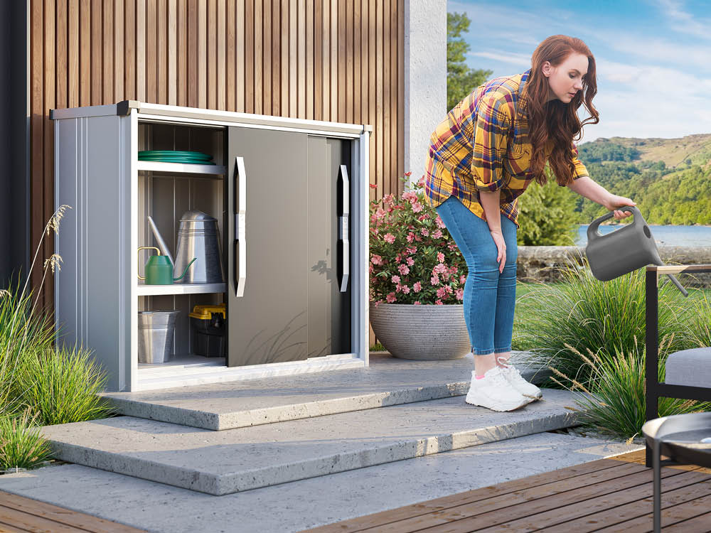 Geräteschrank Größe: 135x51 cm, Höhe: 110 cm, Dachlast: 150 kg/m2, Gartenschrank Gerätehaus Metall, Metallgerätehaus Gerätehaus Geräteschuppen Metall