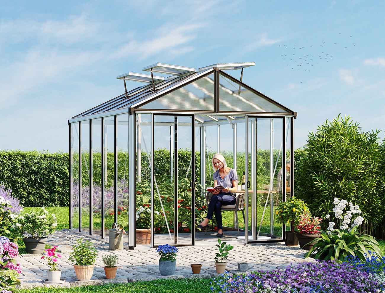 Gewächshaus HERA 263x325 cm, mit ESG Sicherheitsglas 4 mm, 3 Fenster, Doppeltür, Gewächshaus Aluminium, Tomatenhaus, Gartenhaus, Treibhaus, gewächshaus günstig, Glashaus