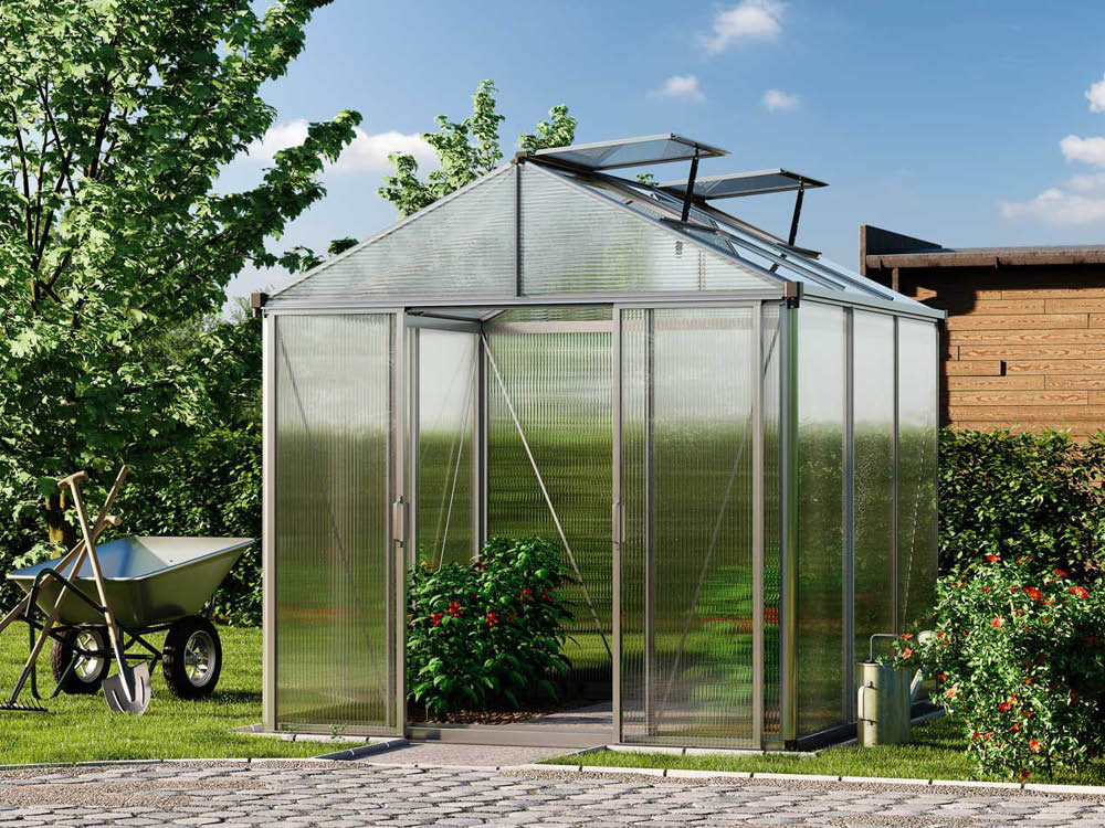Gewächshaus 222x222 cm, 10 mm, 2 Fenster, Doppeltür, Gewächshaus Aluminium, Tomatenhaus, Gartenhaus, Treibhaus, gewächshaus günstig, Glashaus