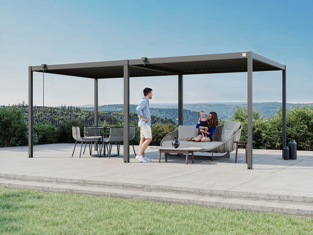 Pergola Remus 3060, 600 x 30 cm, in Anthrazit (RAL 7016) – moderne Überdachung für Ihren Außenbereich mit stabiler, verzinkter und pulverbeschichteter Stahlkonstruktion sowie verstellbaren, wasserdichten Lamellen. Stilvoller und zuverlässiger Schutz vor