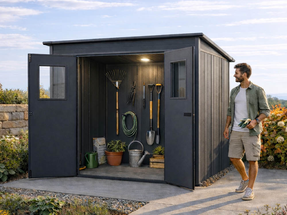 Kunststoffgerätehaus LARA 2118 - 213 x 176 cm - mit großzügigen Maßen, einer komfortablen Stehhöhe und hoher Dachbelastbarkeit – ideal als Gerätehaus, Balkonschrank oder kompakte Aufbewahrungslösung für den Außenbereich.