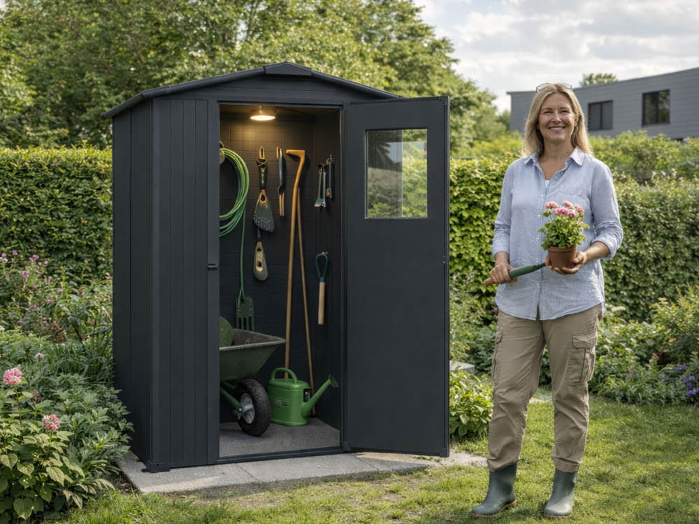 Kunststoffgerätehaus LARA 1313 - 129 x 129 cm - mit großzügigen Maßen, einer komfortablen Stehhöhe und hoher Dachbelastbarkeit – ideal als Gerätehaus, Balkonschrank oder kompakte Aufbewahrungslösung für den Außenbereich.