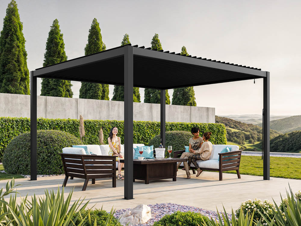 Pergola Aluminium 389x350 cm in Anthrazit, hochwertige Aluminium-Pergola, Überdachung für Ihren Außenbereich mit robusten, wasserdichten Lamellen. Hochwertige Pergola für stilvollen Schutz und Eleganz. Pergola Aluminium 389x350 cm in Anthrazit, hochwertige Aluminium-Pergola, Überdachung für Ihren Außenbereich mit robusten, wasserdichten Lamellen. Hochwertige Pergola für stilvollen Schutz und Eleganz.