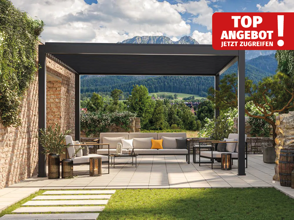 Pergola Aluminium 294x294 cm inkl. Elektromotor in Anthrazit, hochwertige Aluminium-Pergola, Überdachung für Ihren Außenbereich mit robusten, wasserdichten Lamellen. Hochwertige Pergola für stilvollen Schutz und Eleganz. Pergola Aluminium 294x294 cm inkl. Elektromotor in Anthrazit, hochwertige Aluminium-Pergola, Überdachung für Ihren Außenbereich mit robusten, wasserdichten Lamellen. Hochwertige Pergola für stilvollen Schutz und Eleganz.