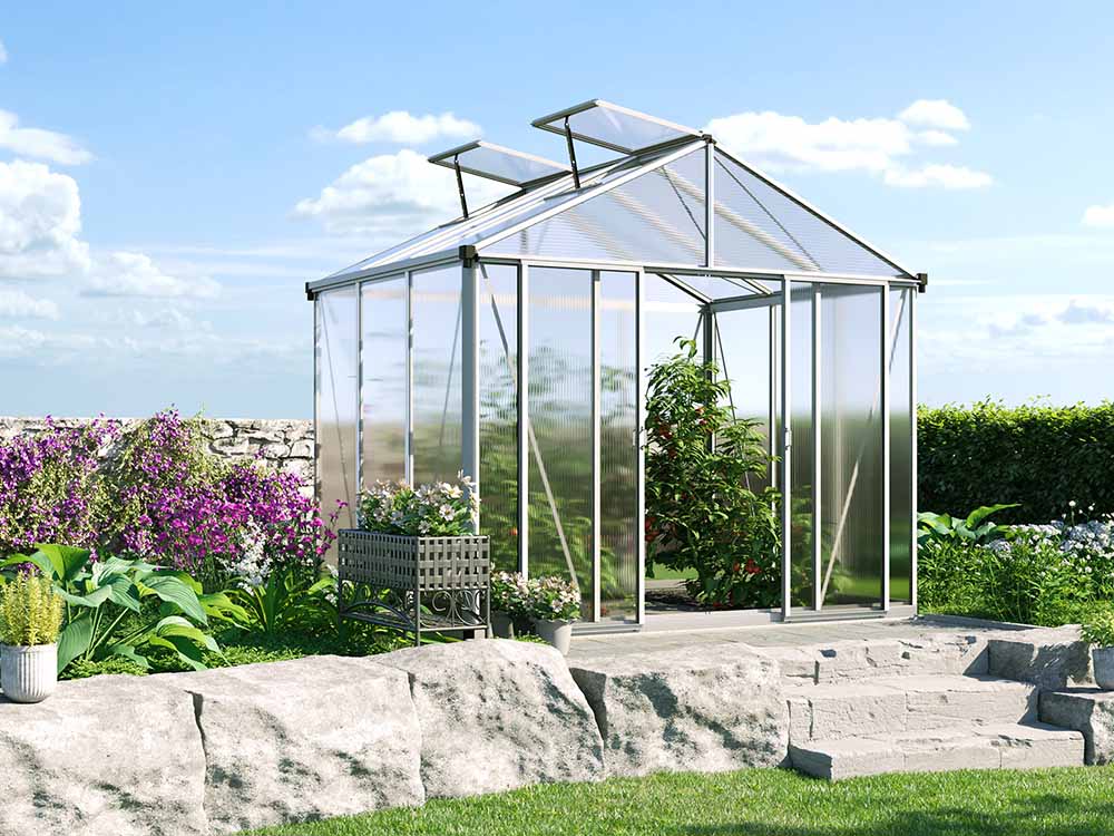 Gewächshaus 262x195 cm, 10 mm, 2 Fenster, Doppeltür, Gewächshaus Aluminium, Tomatenhaus, Gartenhaus, Treibhaus, Gewächshaus günstig, Glashaus