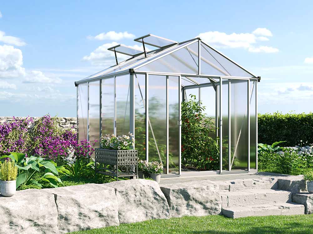 Gewächshaus 262x258 cm, 10 mm, 2 Fenster, Doppeltür, Gewächshaus Aluminium, Tomatenhaus, Gartenhaus, Treibhaus, Gewächshaus günstig, Glashaus