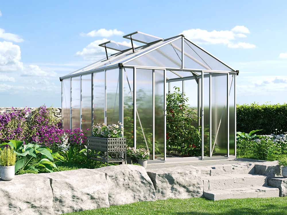 Gewächshaus 262x320 cm, 10 mm, 2 Fenster, Doppeltür, Gewächshaus Aluminium, Tomatenhaus, Gartenhaus, Treibhaus, Gewächshaus günstig, Glashaus