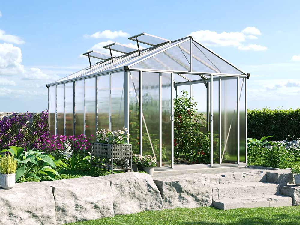 Gewächshaus 262x445 cm, 10 mm, 2 Fenster, Doppeltür, Gewächshaus Aluminium, Tomatenhaus, Gartenhaus, Treibhaus, Gewächshaus günstig, Glashaus