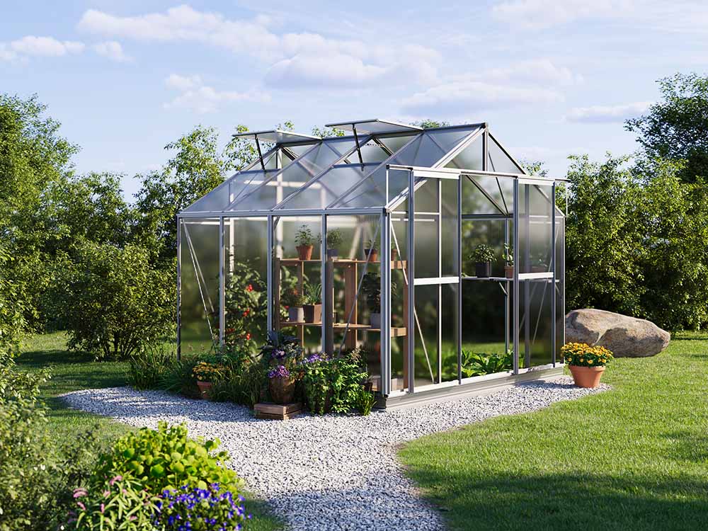 Gewächshaus 259 x 259 cm, 6 oder 8 mm, 2 Fenster, Doppeltür, Gewächshaus Aluminium, Tomatenhaus, Gartenhaus, Treibhaus, Gewächshaus günstig, Glashaus